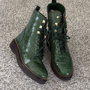 Michael Kors Green Croc-Embossed Lace-Up Platform Ankle Boots